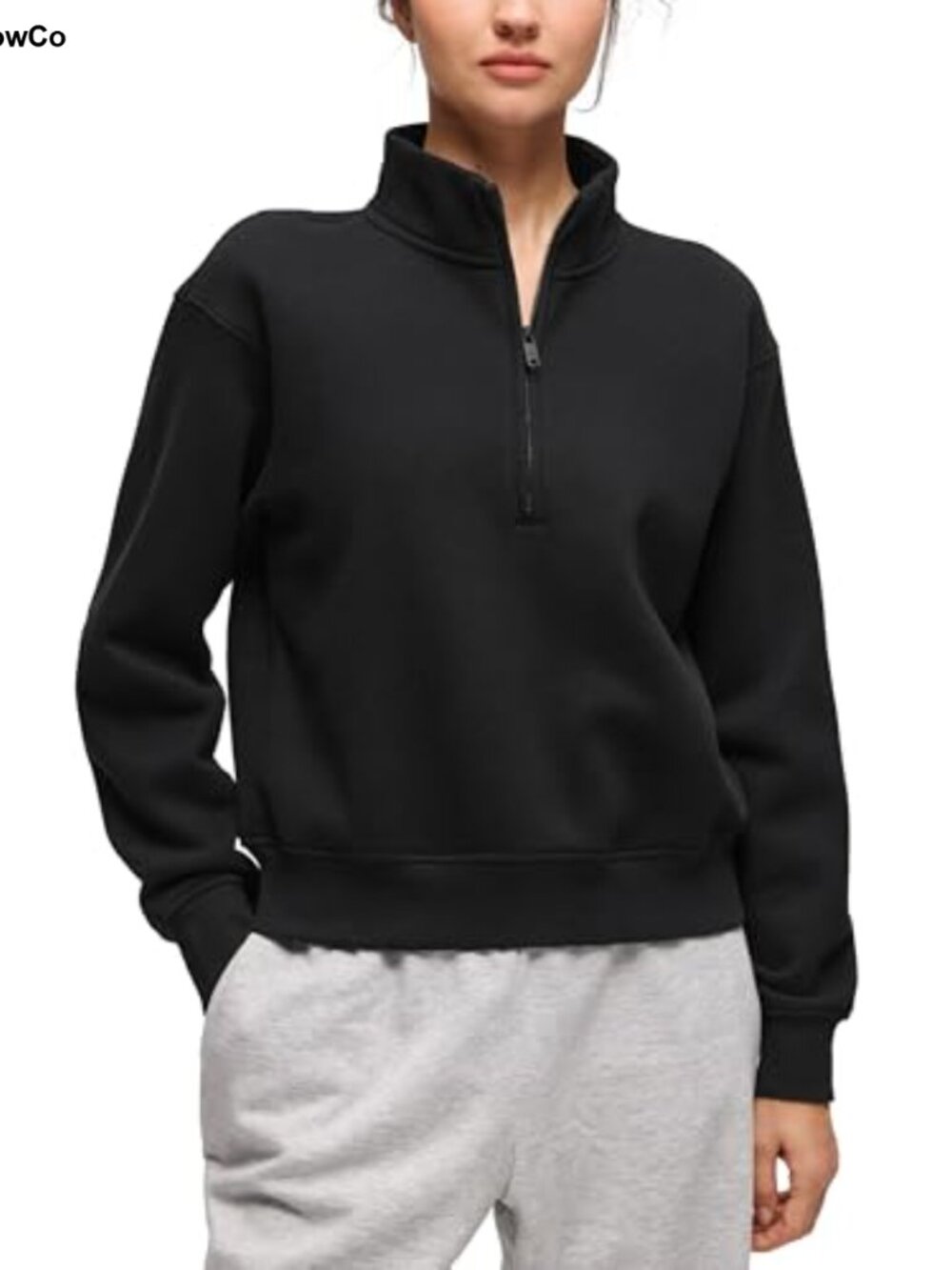 Fleece Lined Half Zip Sweatshirt Waist Length Funnel Neck Cotton Blend
